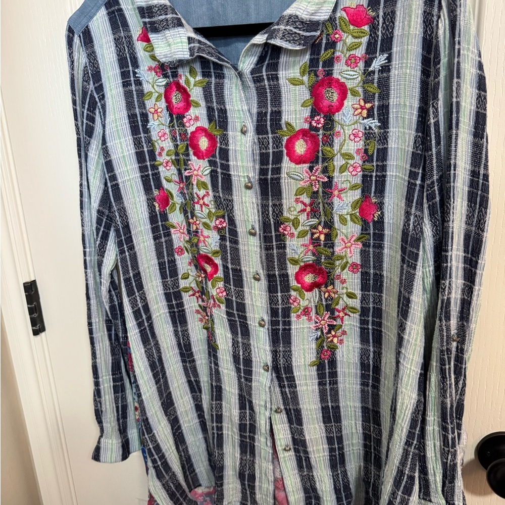 John Mark Floral Embroidered Plaid Button‑Up Shirt – Mixed Print Artsy Boho Top